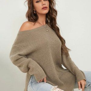 Drop Shoulder Split Hem Ribbed Knit Sweater
